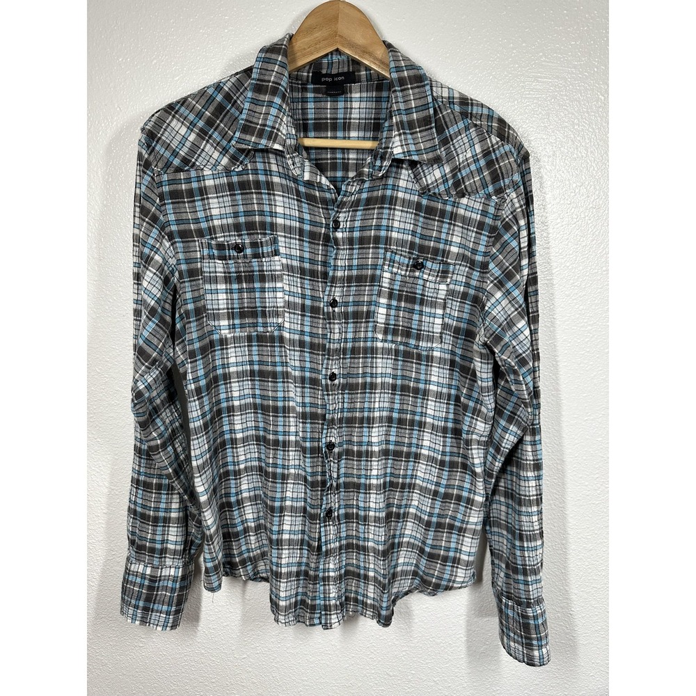 Pop Icon Shirt Womens Large Blue Gray Plaid Button Up Long Sleeve Western Casual